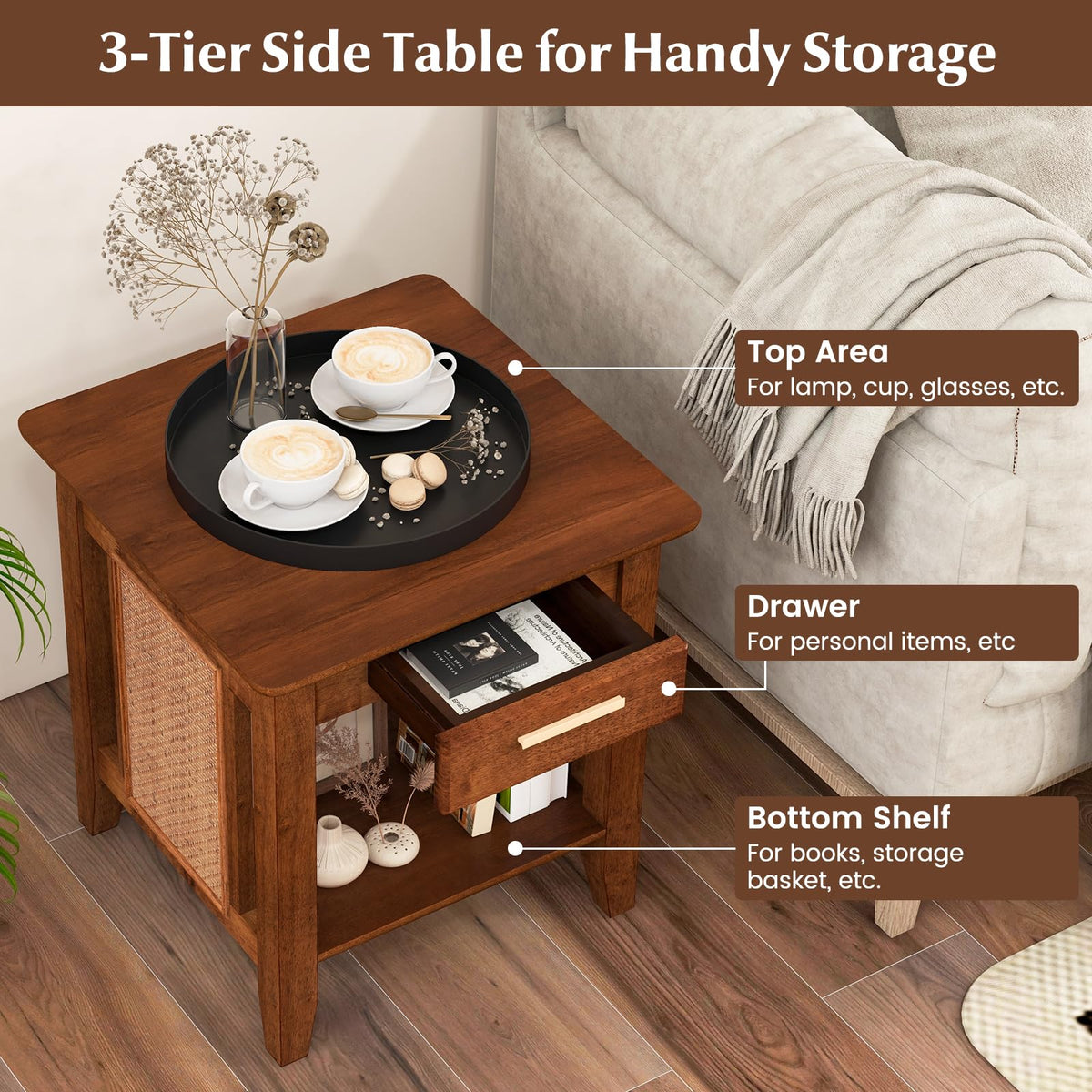 Goflame Rattan Nightstand with Drawer, Mid Century End Table with Storage Shelf, Sofa Side Table with Solid Rubber Wood Legs