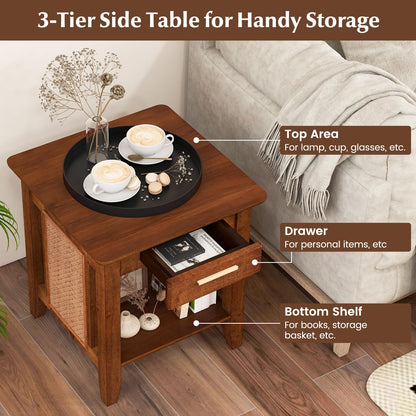 Goflame Rattan Nightstand with Drawer, Mid Century End Table with Storage Shelf, Sofa Side Table with Solid Rubber Wood Legs