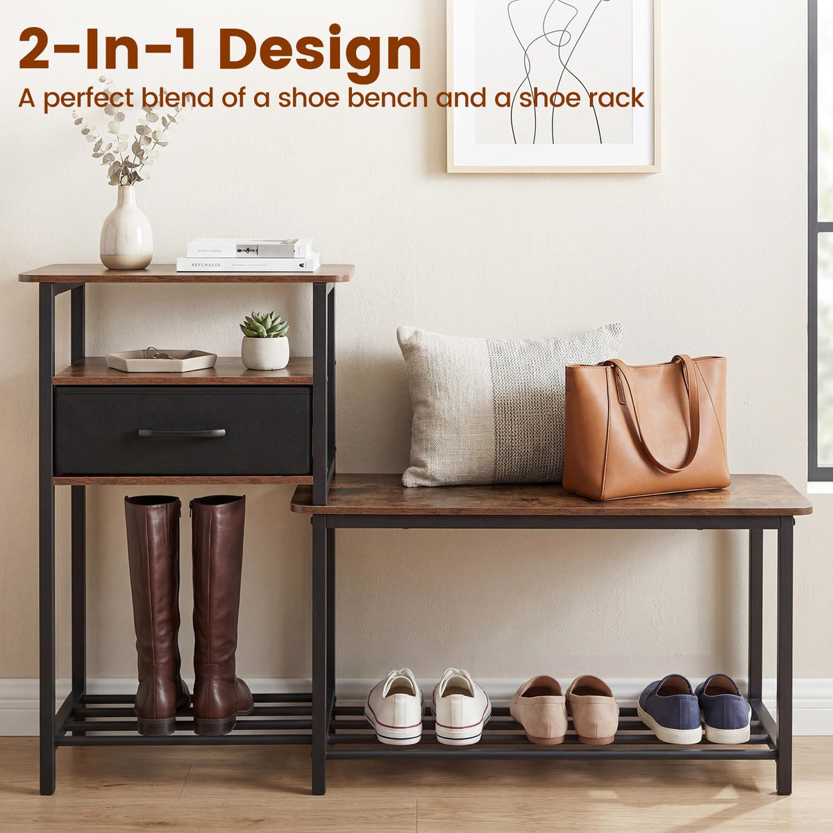 Goflame 3-Tier Industrial Shoe Storage Bench with Drawer & Metal Frame