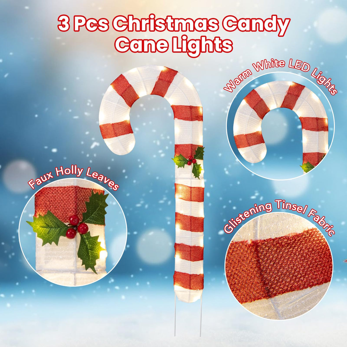 Goflame Lighted Candy Canes, Set of 3 Christmas Tinsel Candy Cane Decoration with 75 Warm White LED Lights
