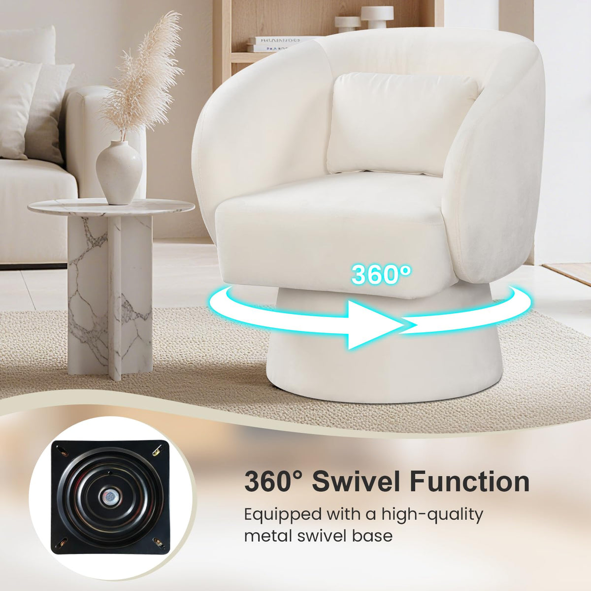 Goflame Swivel Accent Chair Upholstered Barrel Chair with Curved Back & Removable Lumbar Pillow