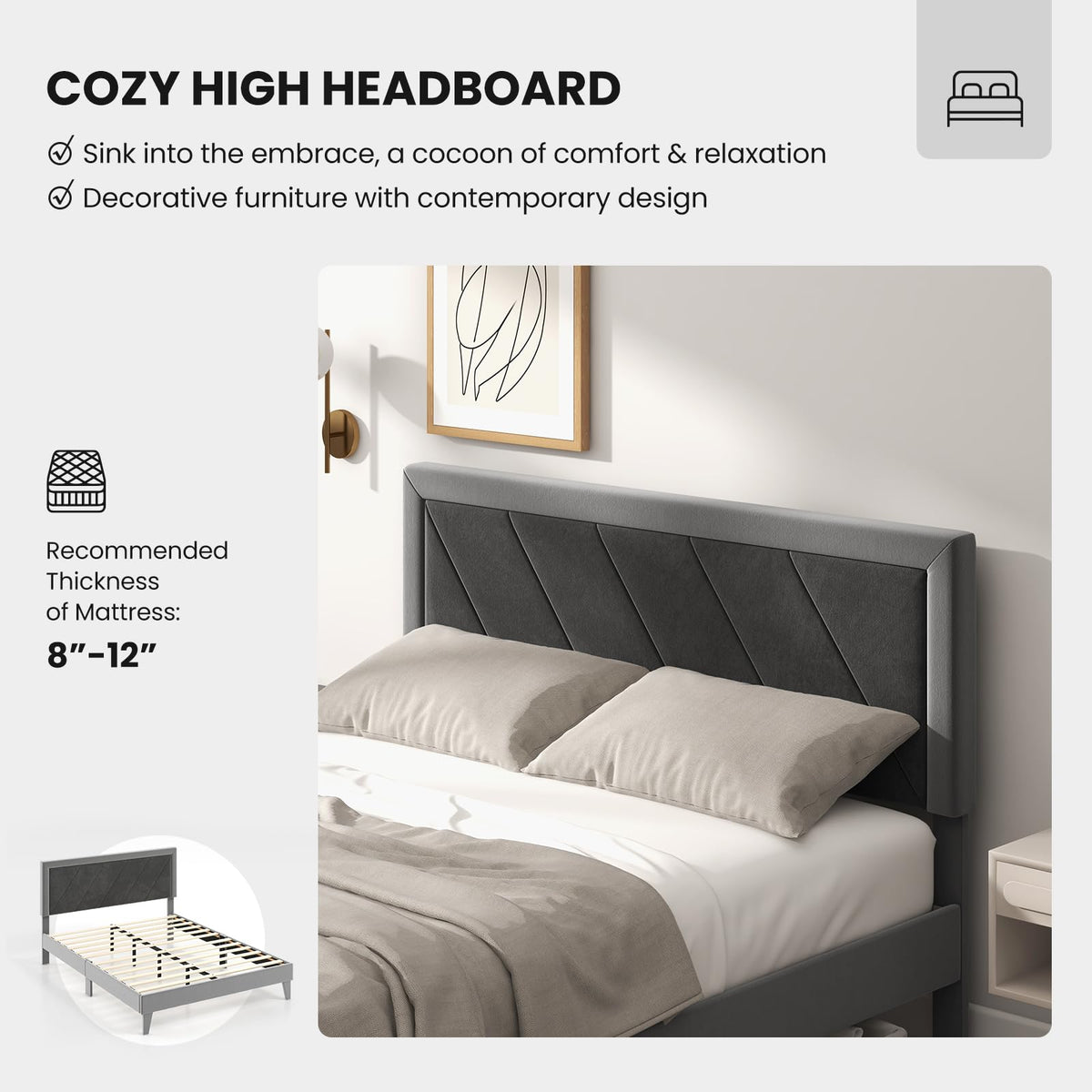 Goflame Full Size Velvet Bed Frame with Headboard, Modern Upholstered Platform Bed, No Box Spring Needed, Black & Gray