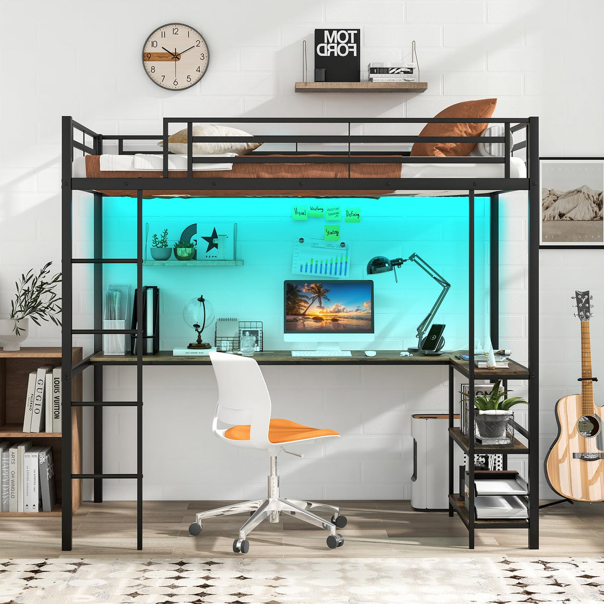 Goflame Twin Loft Bed with L-Shaped Desk, Metal Loft Bed Frame with LED Lights