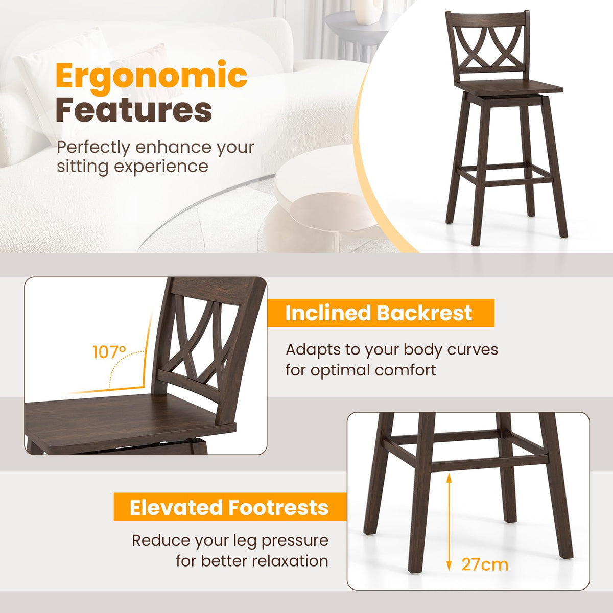 Goflame 29" Bar Stools Set of 2/4, Swivel Wooden Bar Chairs with Rubber Wood Frame, for Kitchen Island, Restaurant & Pub, Dark Grey