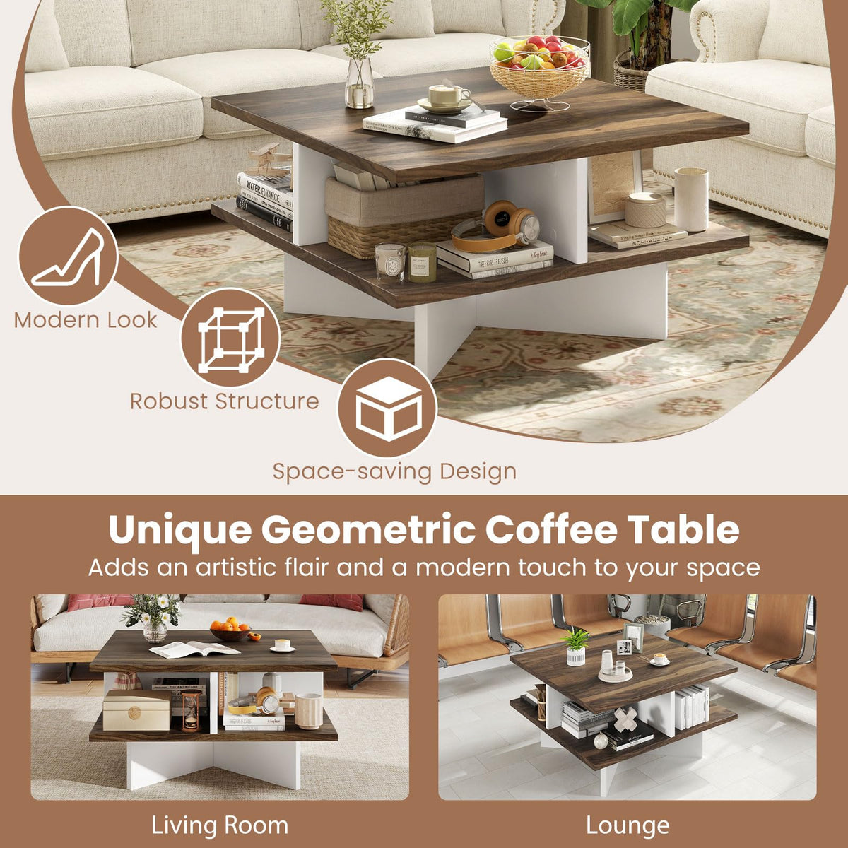 Goflame Square Coffee Table with Storage for Living Room