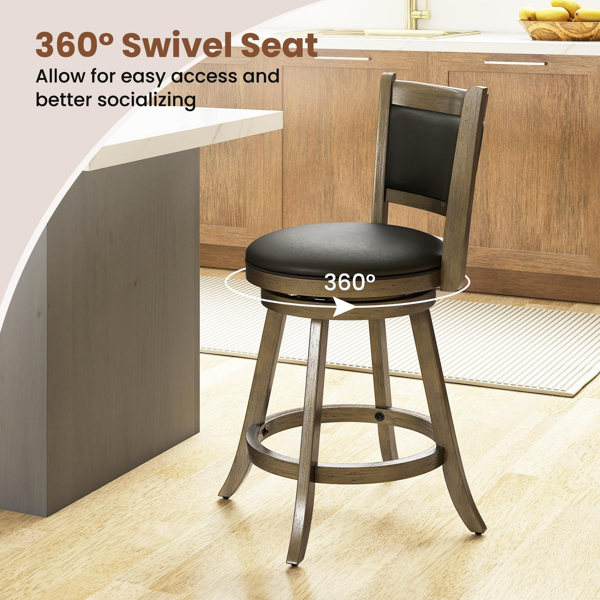 Goflame Accent Wooden Swivel Back Counter Height Bar Stool, Fabric Upholstered Design