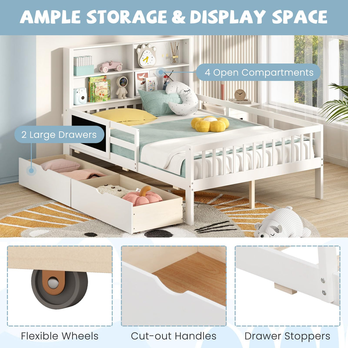Goflame Full/Twin Size 2 Storage Drawers, Solid Wood Kids Bed Frame w/Bookcase Headboard & Blackboard