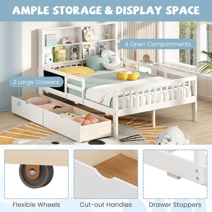 Goflame Full/Twin Size 2 Storage Drawers, Solid Wood Kids Bed Frame w/Bookcase Headboard & Blackboard