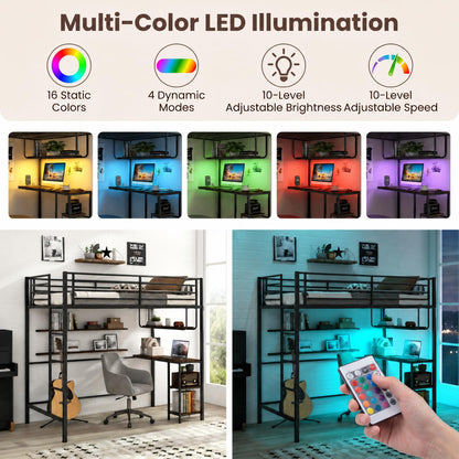 Goflame Twin Loft Bed with Desk LED Lights & Charging Station