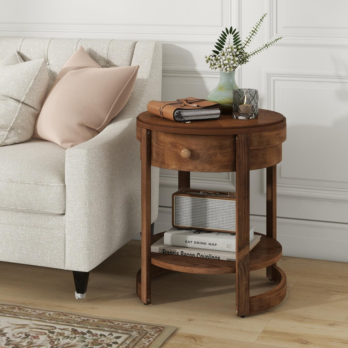 Goflame Round Side Tables Set of 1/2 | 2-Tier Retro End Tables with Drawer & Shelf