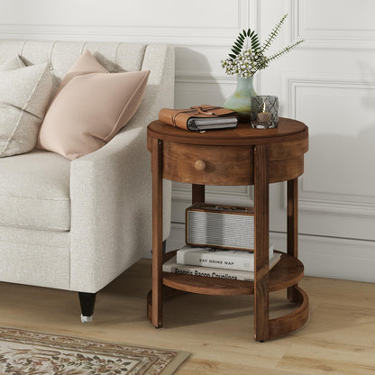 Goflame Round Side Tables Set of 1/2 | 2-Tier Retro End Tables with Drawer & Shelf