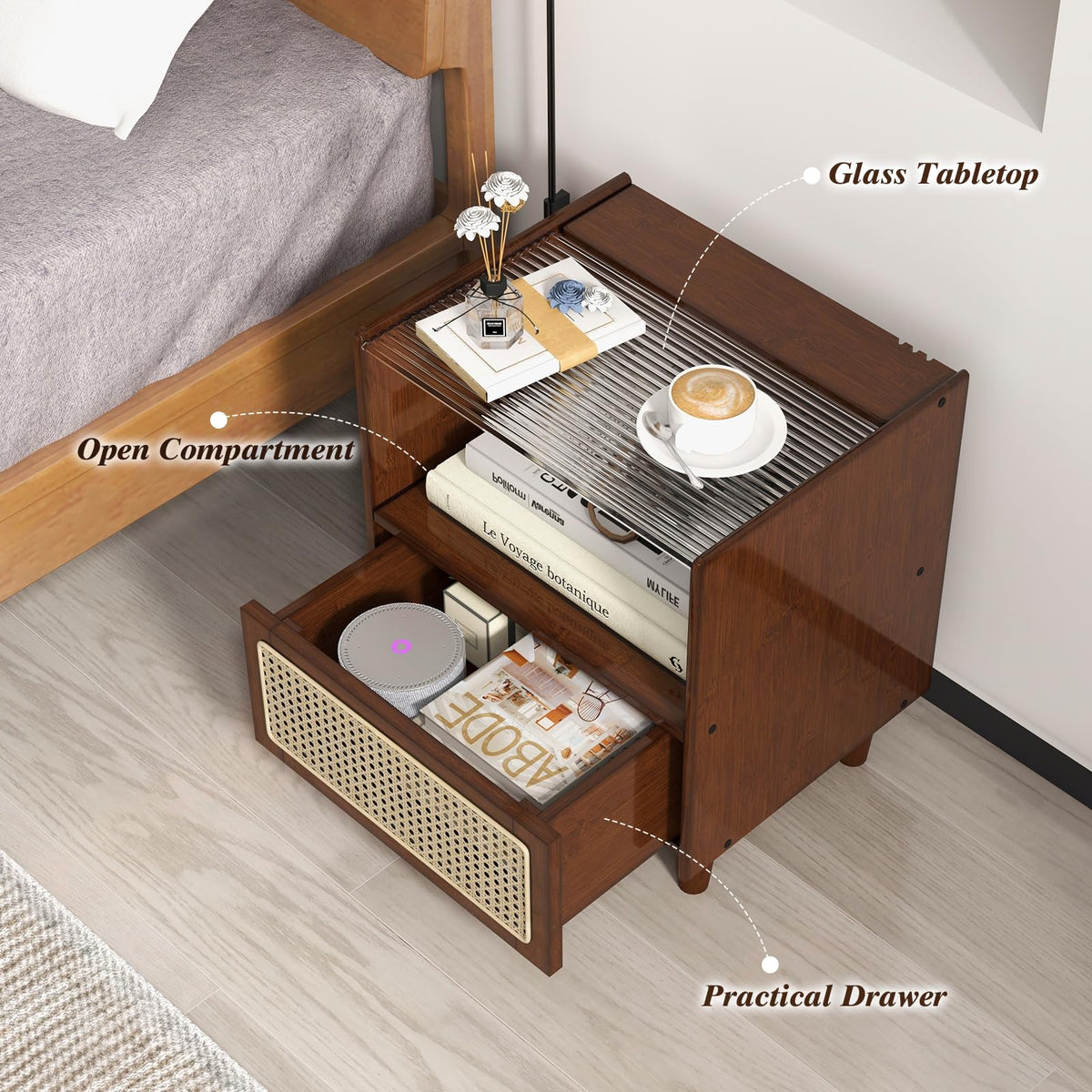Goflame Rattan Nightstand with Drawer