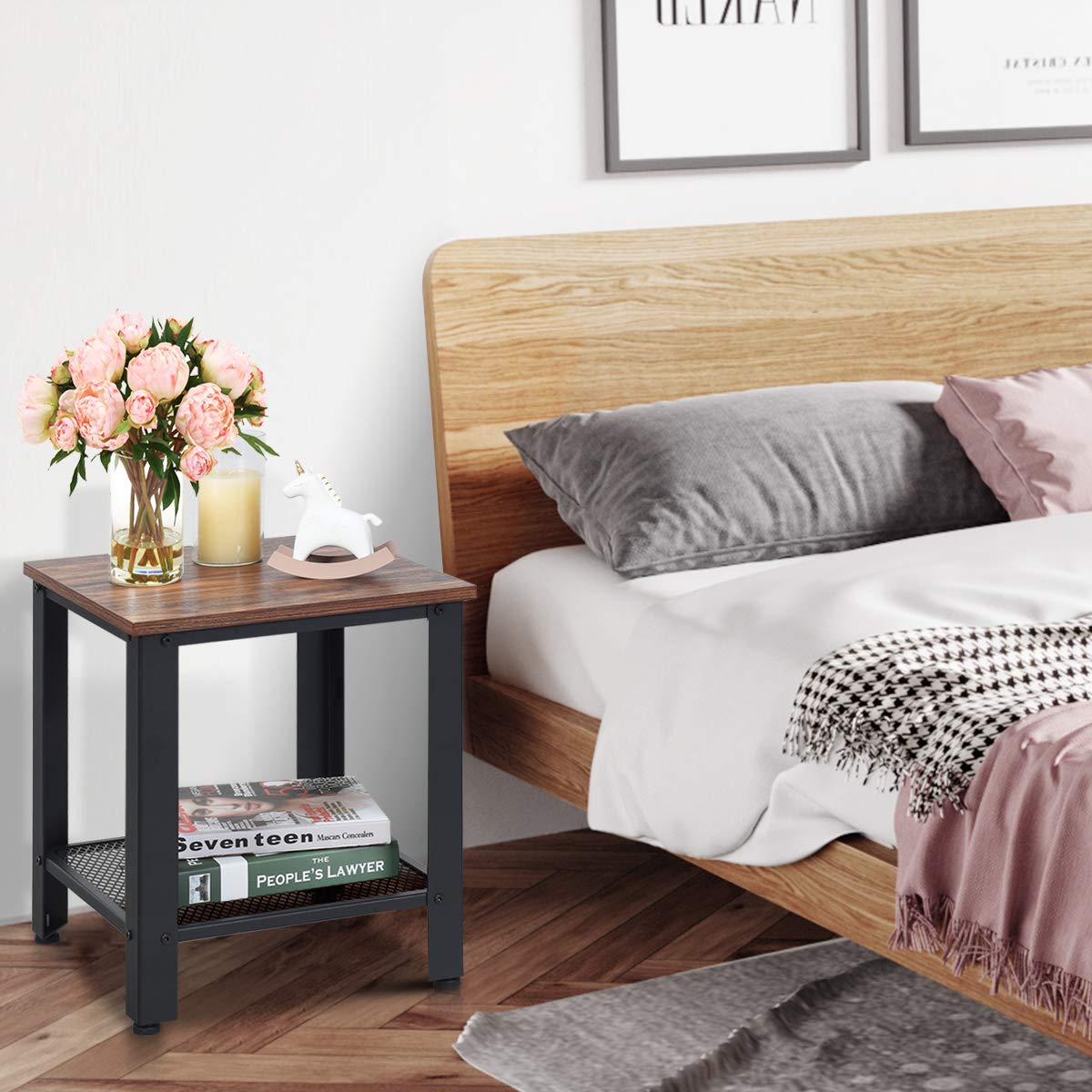 Goflame Nightstand Side Table 2-Tier W/Adjustable Feet, Storage Shelf and Metal Frame
