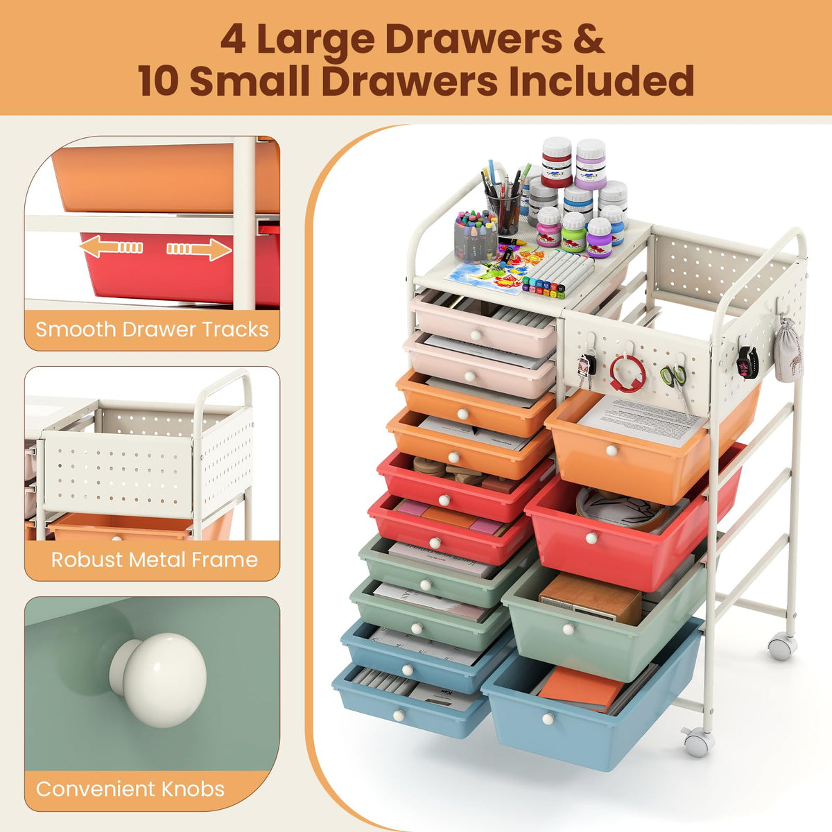 Goflame 14 Drawer Storage Cart | Rolling Craft Cart with Metal Tabletop & Pegboard