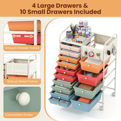 Goflame 14 Drawer Storage Cart | Rolling Craft Cart with Metal Tabletop & Pegboard