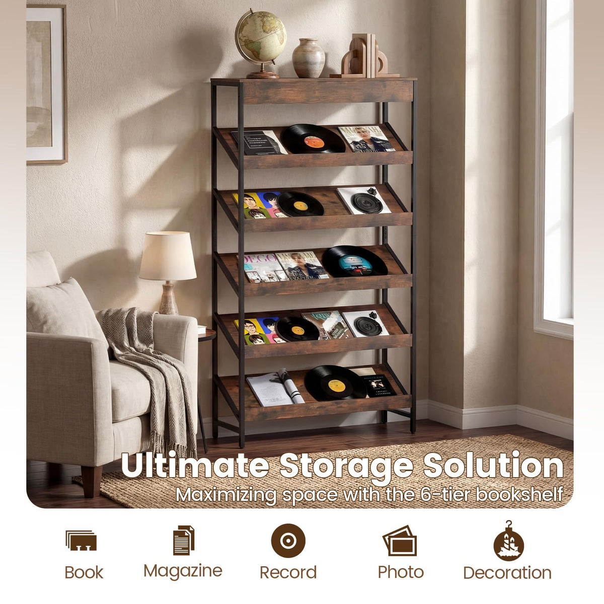 Goflame 6-Tier Industrial Tall Bookcase with Angled Shelves and Metal Frame
