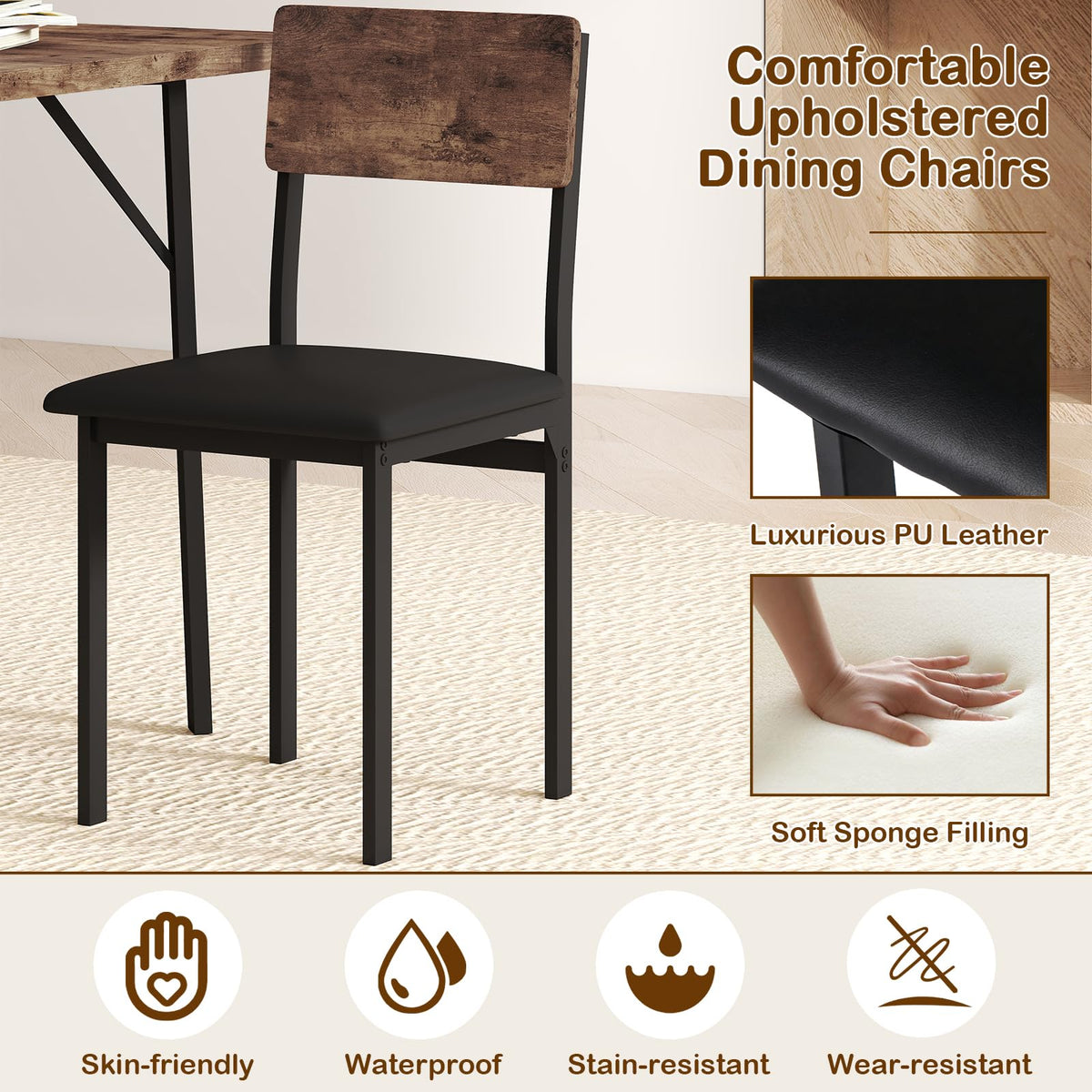 Goflame 5-Piece Dining Table Set for 4 People Industrial Kitchen Table and 4 PU Leather Chairs