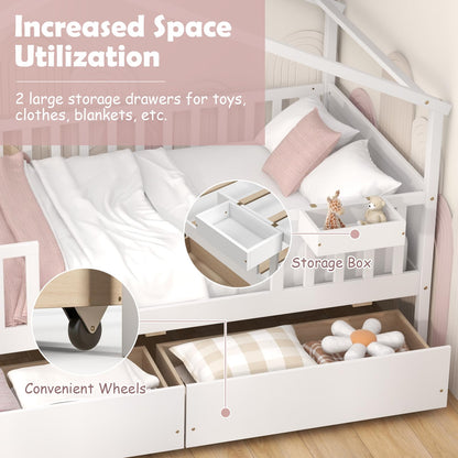 Goflame Twin House Bed with Drawers, Wooden Twin Bed Frame with Cube Storage & Fence Rails