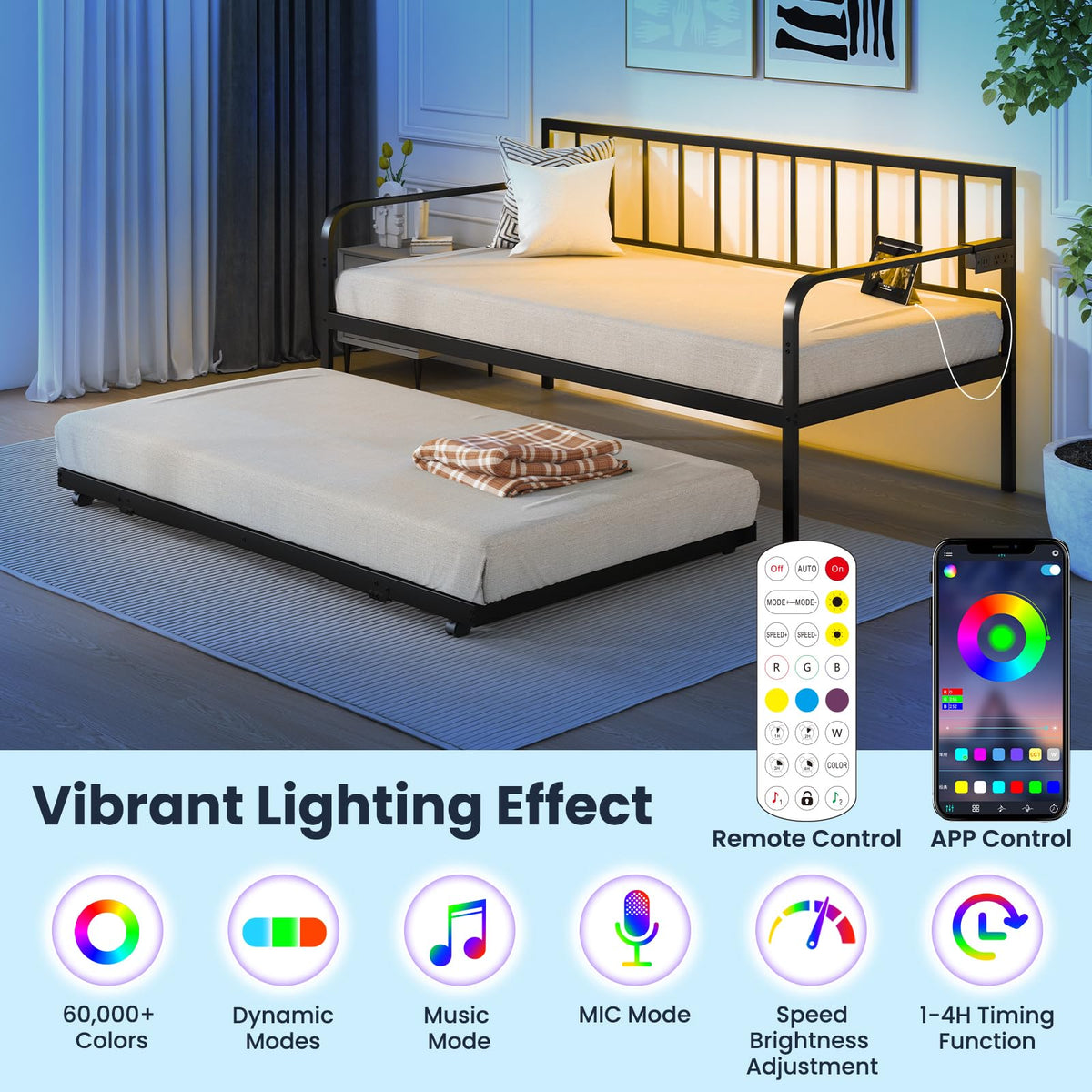 Goflame Twin Daybed with Trundle, Metal Day Bed with Charging Station & LED Lights