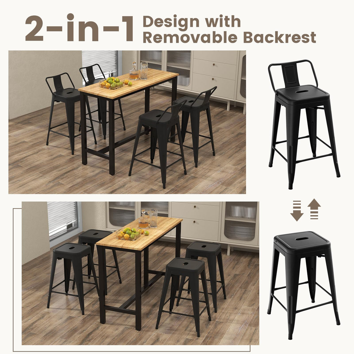 Goflame Metal Bar Stools Set of 4, 24" Counter Height Modern Industrial Barstools w/Removable Bucket Back & Footrest