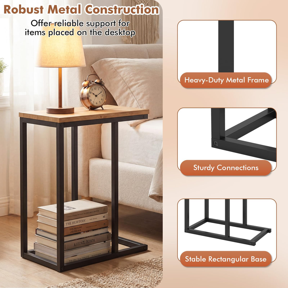 Goflame Small Sofa Couch Side Table That Slide Under with Metal Frame & Spacious Tabletop