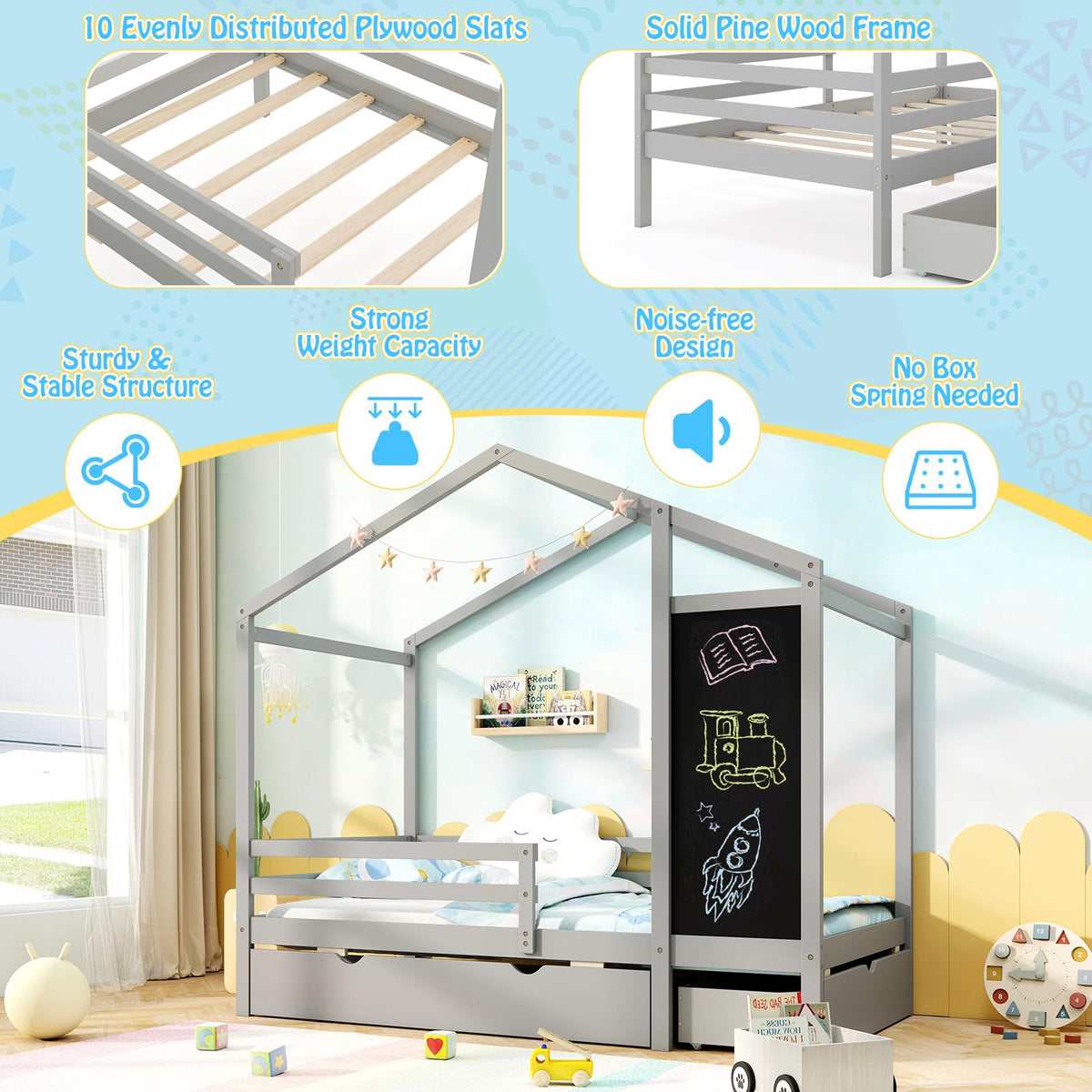 Goflame Twin Bed with 2 Storage Drawers, Solid Wood House Bed with Blackboard & Safety Guardrails