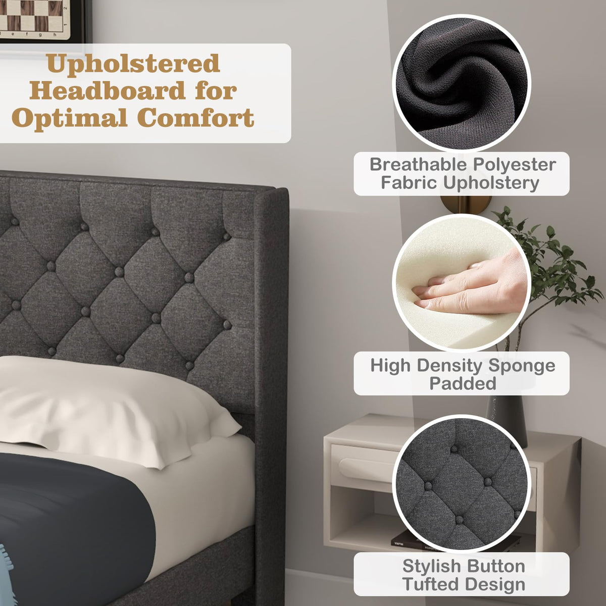 Goflame Queen/Full/Twin Size Bed Frame with Button Tufted Headboard, Modern Fabric Upholstered Platform Bed with Wingback Design, Grey