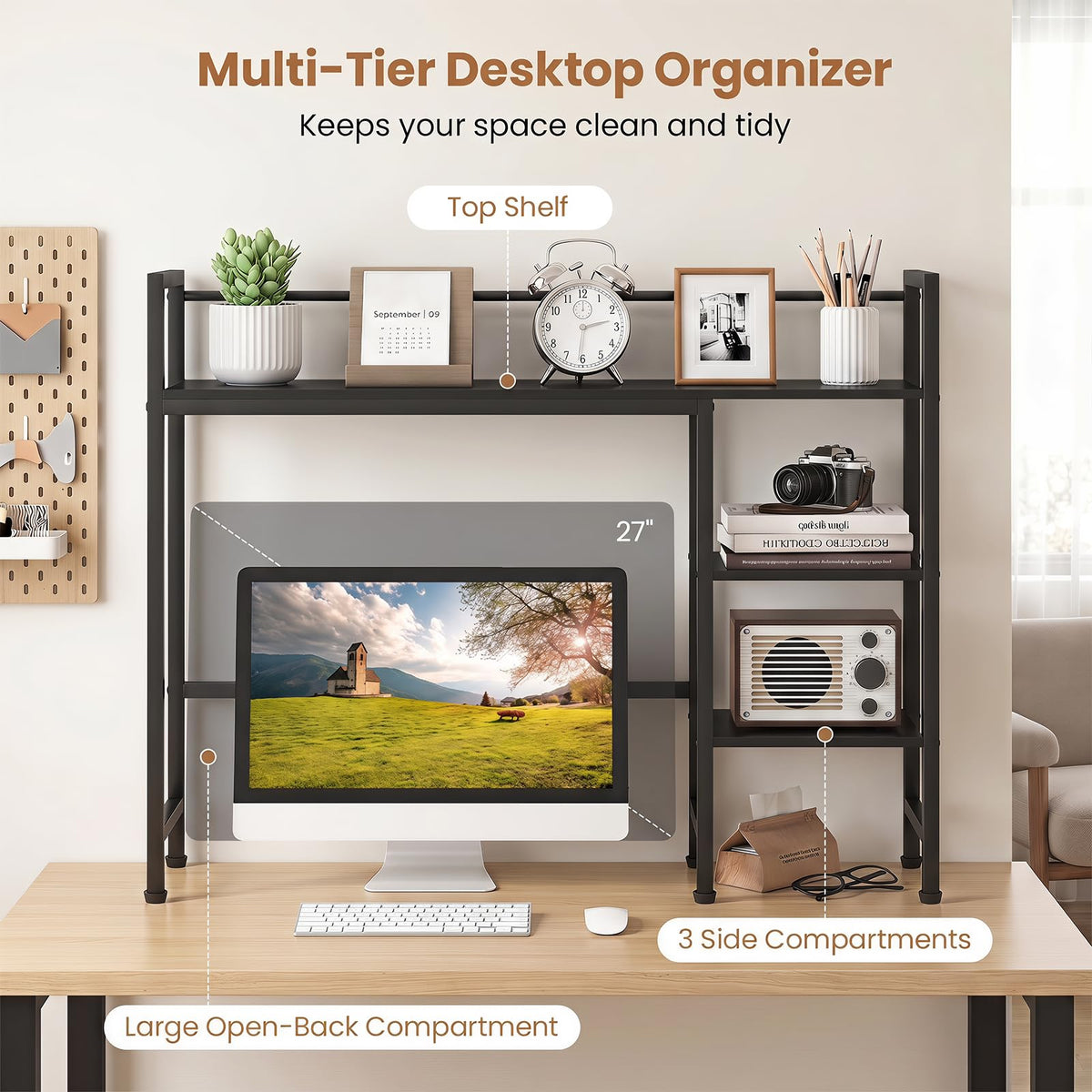 Goflame 4-Tier Desktop Bookshelf | 38.5" Dorm Desk Hutch for 27" Monitor