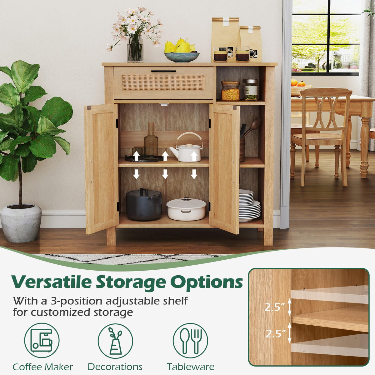 Goflame Buffet Cabinet with 2 Doors, Drawer 3 Open Cubbies Adjustable Shelf (Natural)