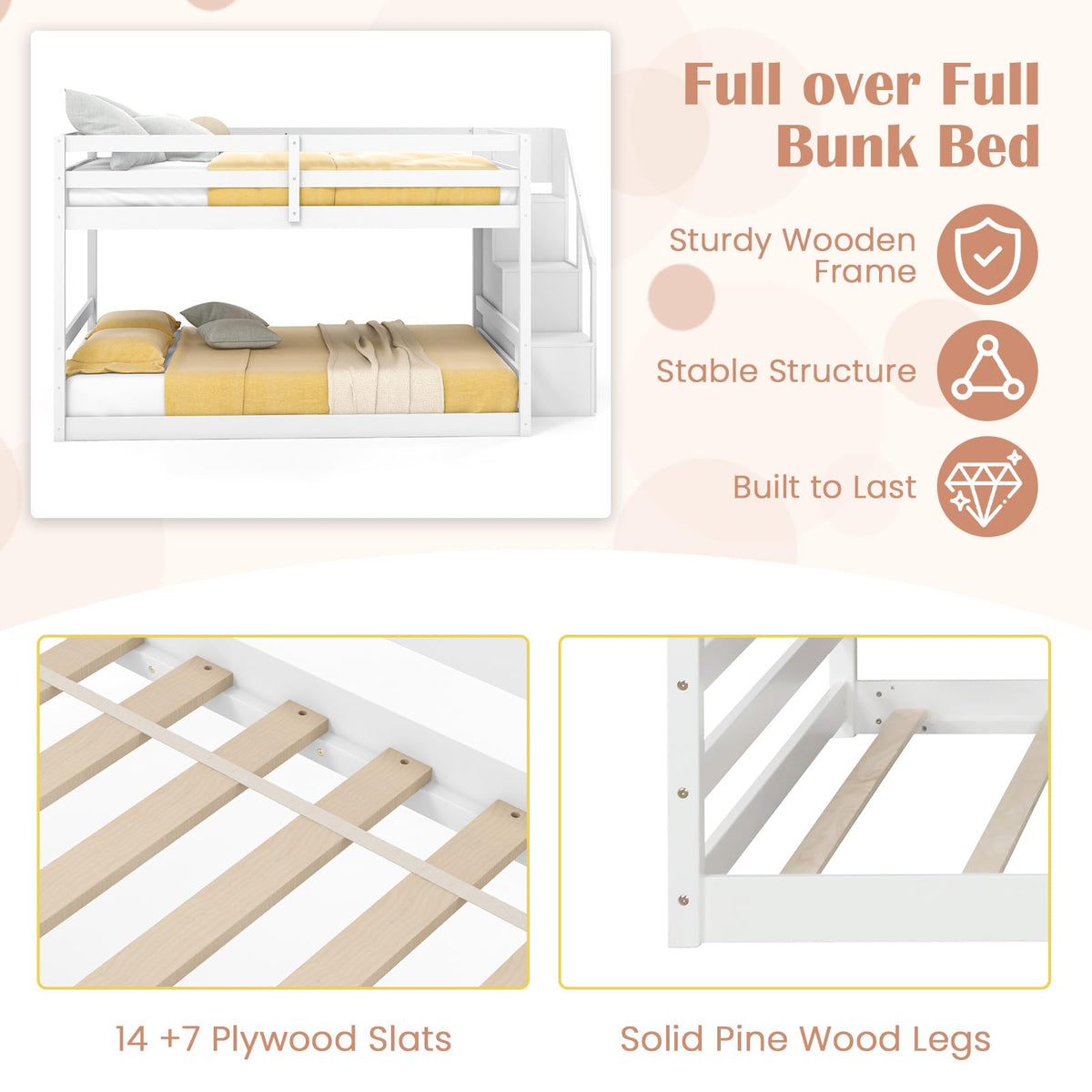 Goflame Bunk Bed with Stairs, Solid Wood Floor Bunk Bed with Storage Staircase & Full-Length Guardrails