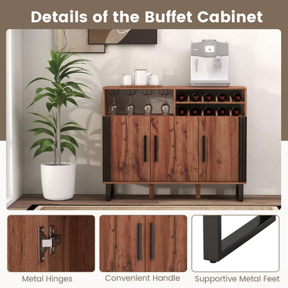 Goflame Wine Bar Cabinet, Buffet Sideboard with 3 Doors & Adjustable Shelves, Liquor Cabinet