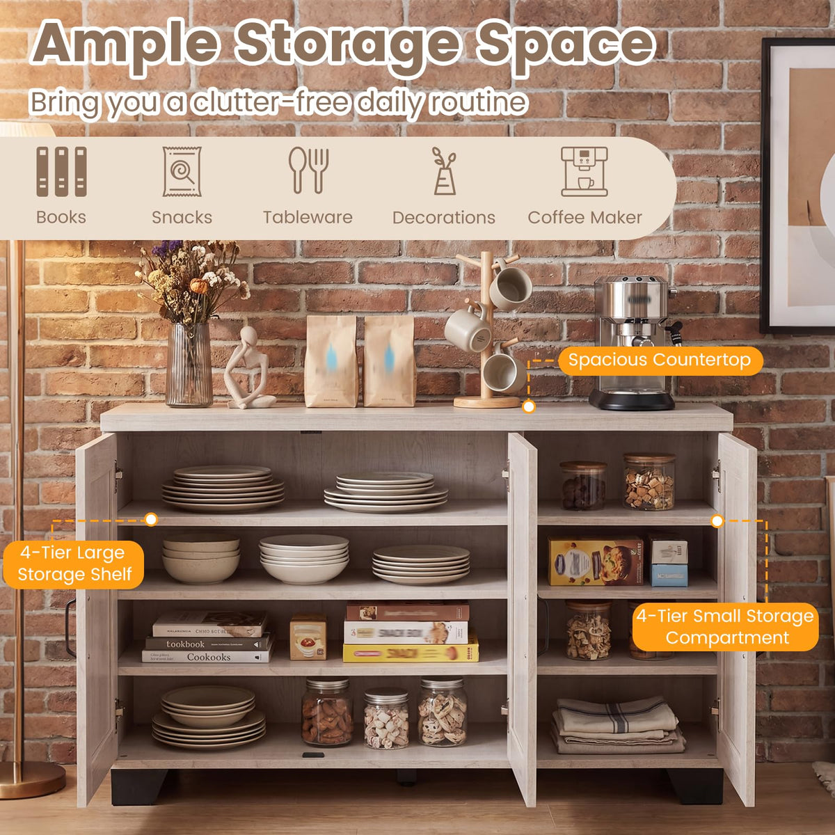 Goflame Sideboard Buffet Cabinet | 45" Farmhouse Coffee Bar Cabinet with 3 Doors & Adjustable Shelves