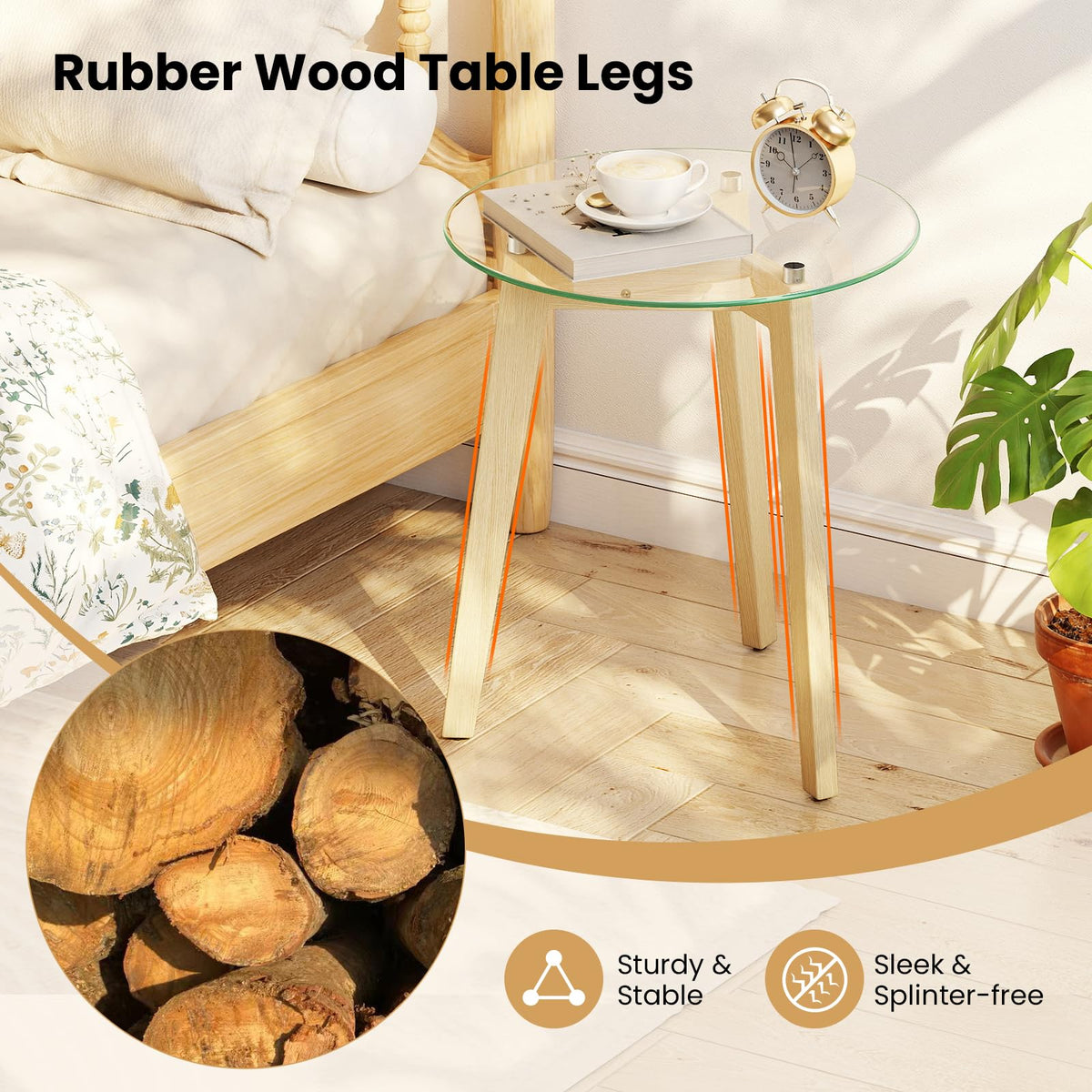 Goflame Glass Round Side Table w/Tempered Glass Top & Rubber Wood Frame