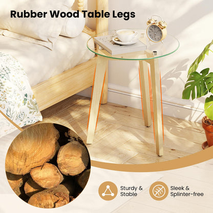 Goflame Glass Round Side Table w/Tempered Glass Top & Rubber Wood Frame