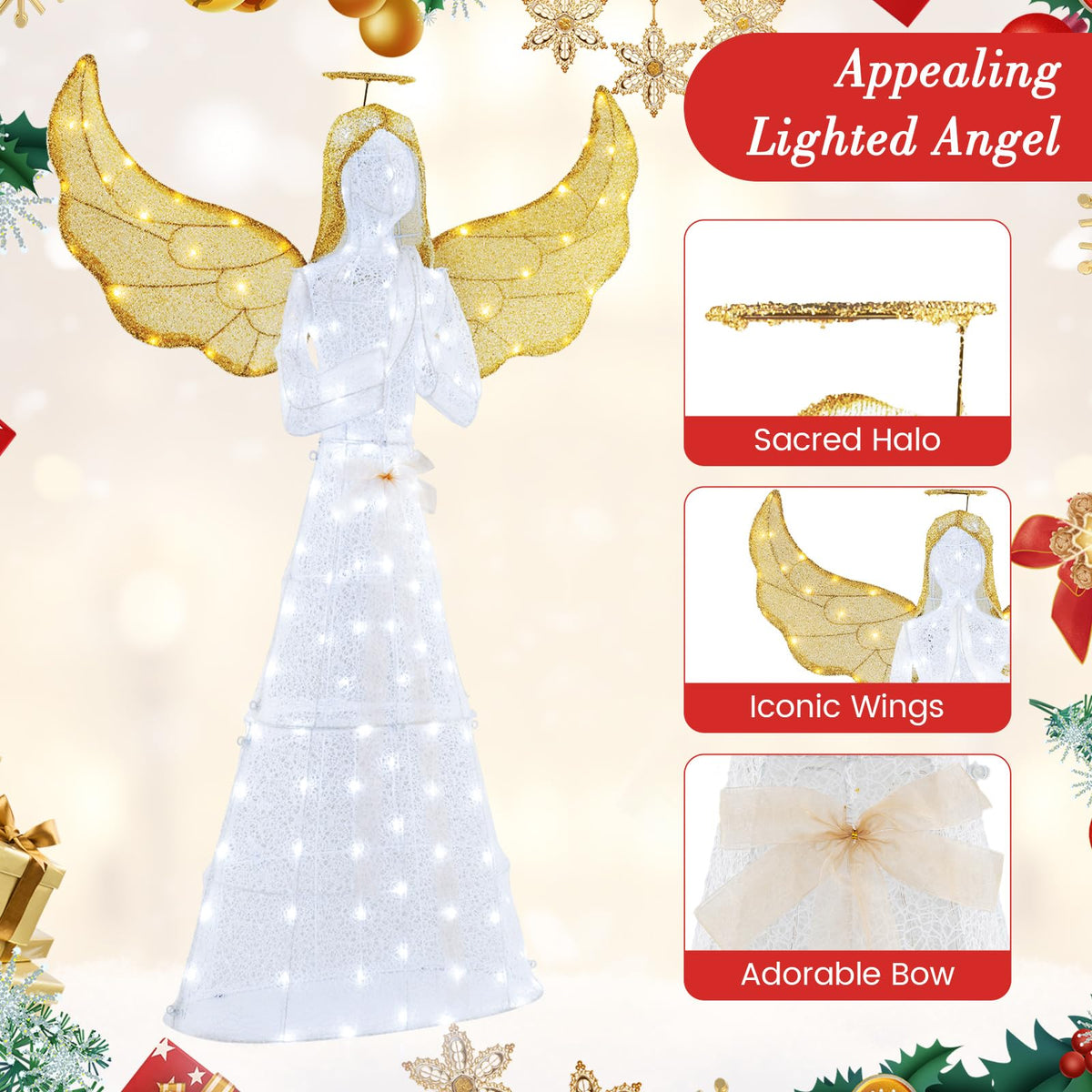 Goflame 5 FT Christmas Pre-Lit Angel, Yard Lighted-up Festive Angel w/Halo