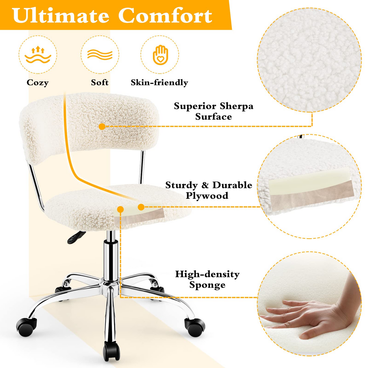 Goflame Home Office Chair, Faux Fur Low Back Swivel Leisure Chair w/Height Adjustable Padded Seat