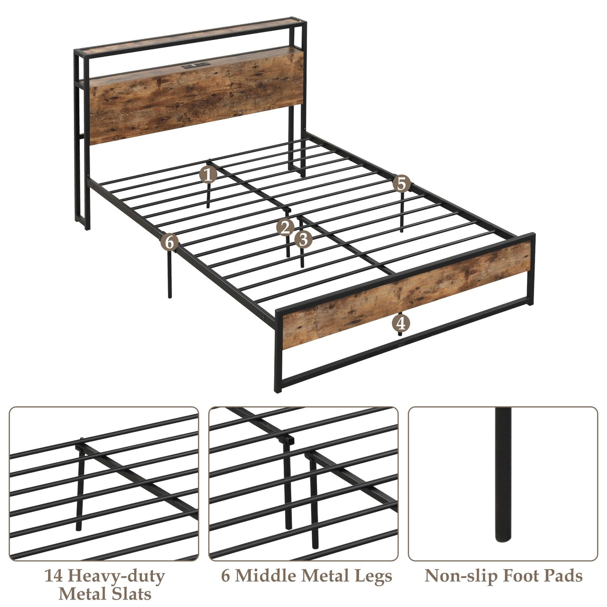 Goflame Full Bed Frame with Storage Headboard and Charging Station, with Outlets and USB Ports