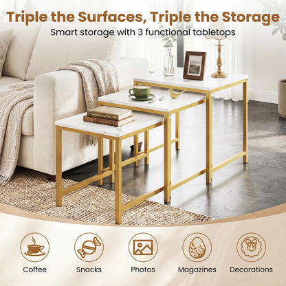Goflame Nesting Coffee Table Set of 3 | Faux Marble Coffee Table with Metal Frame