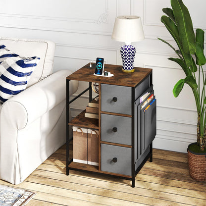 Goflame Industrial Nightstand with Charging Station - End Side Table w/3 Fabric Drawers