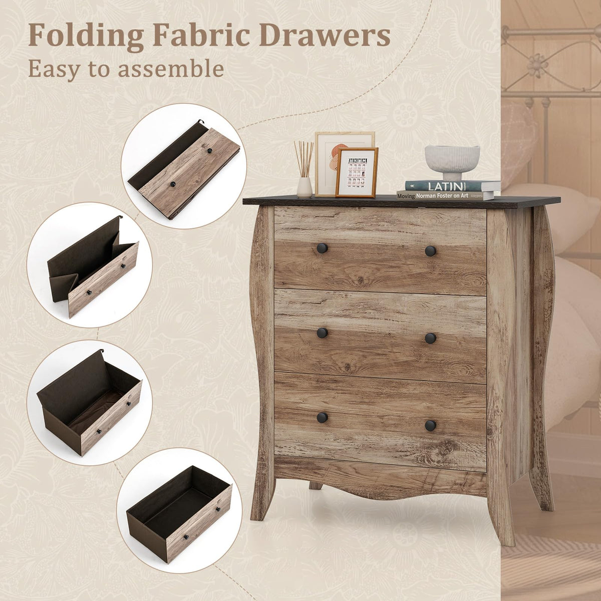 Goflame Storage Cabinet with Foldable & Detachable Fabric Drawers, Anti-Tipping Kit, 26.5” x 15” x 30” Farmhouse Floor Cabinet