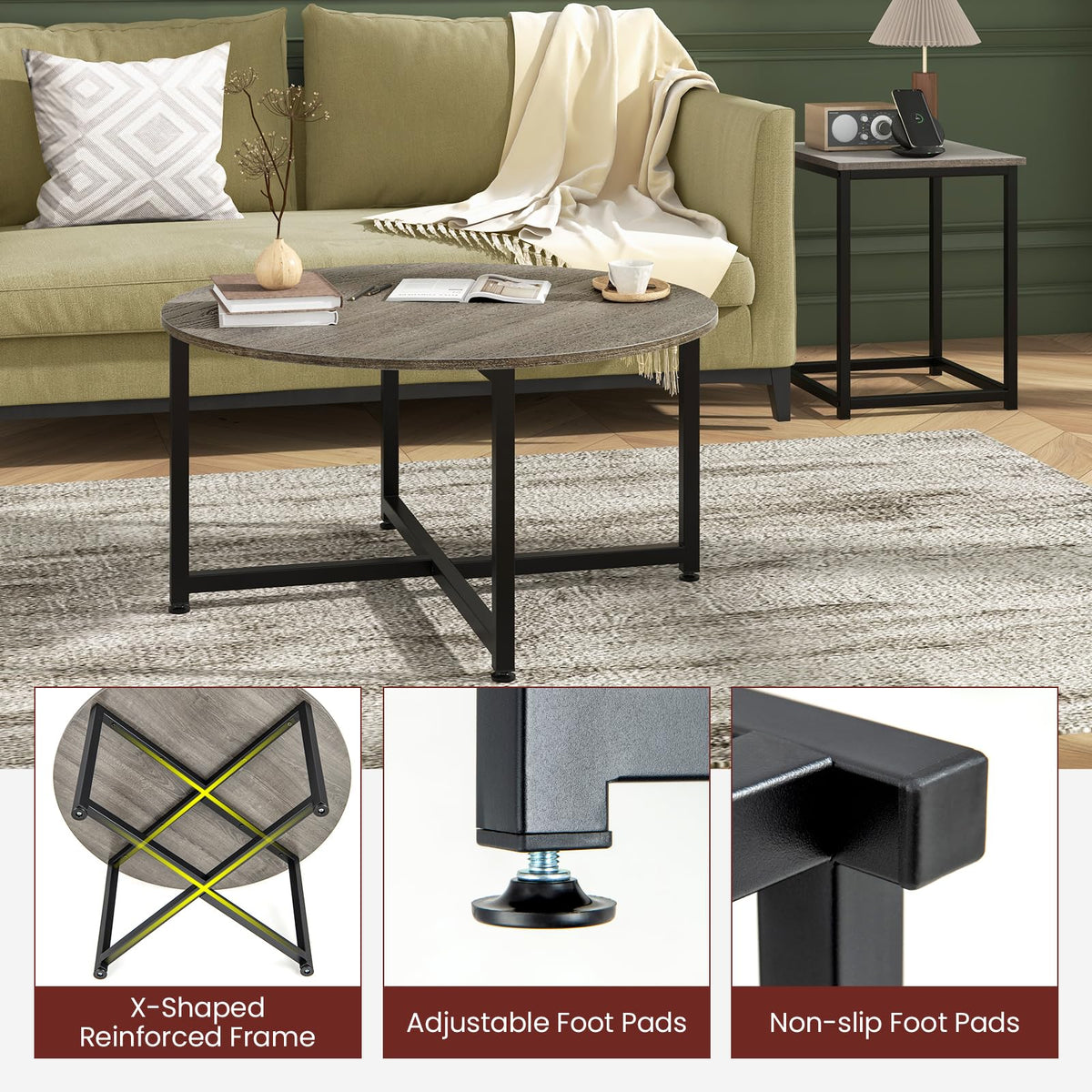 Goflame Round Nesting Table Set of 3, Farmhouse Coffee Table w/2 End Tables, Sturdy Metal Frame (Black Oak)