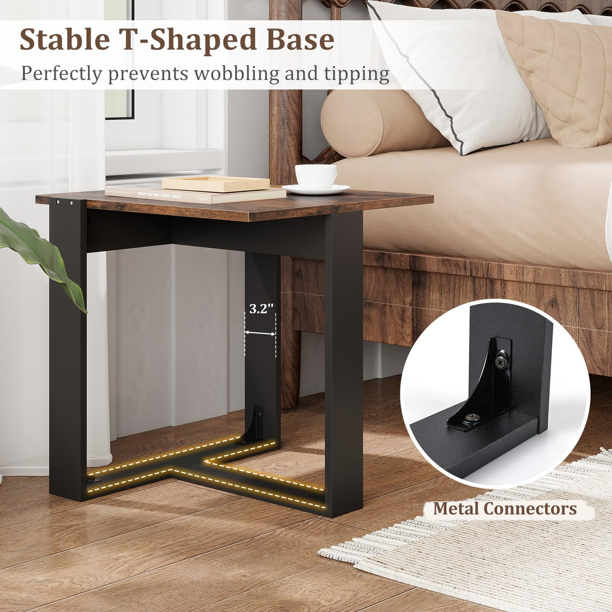 Goflame Rustic Brown Square Industrial Side Table w/T-Shape Metal Frame