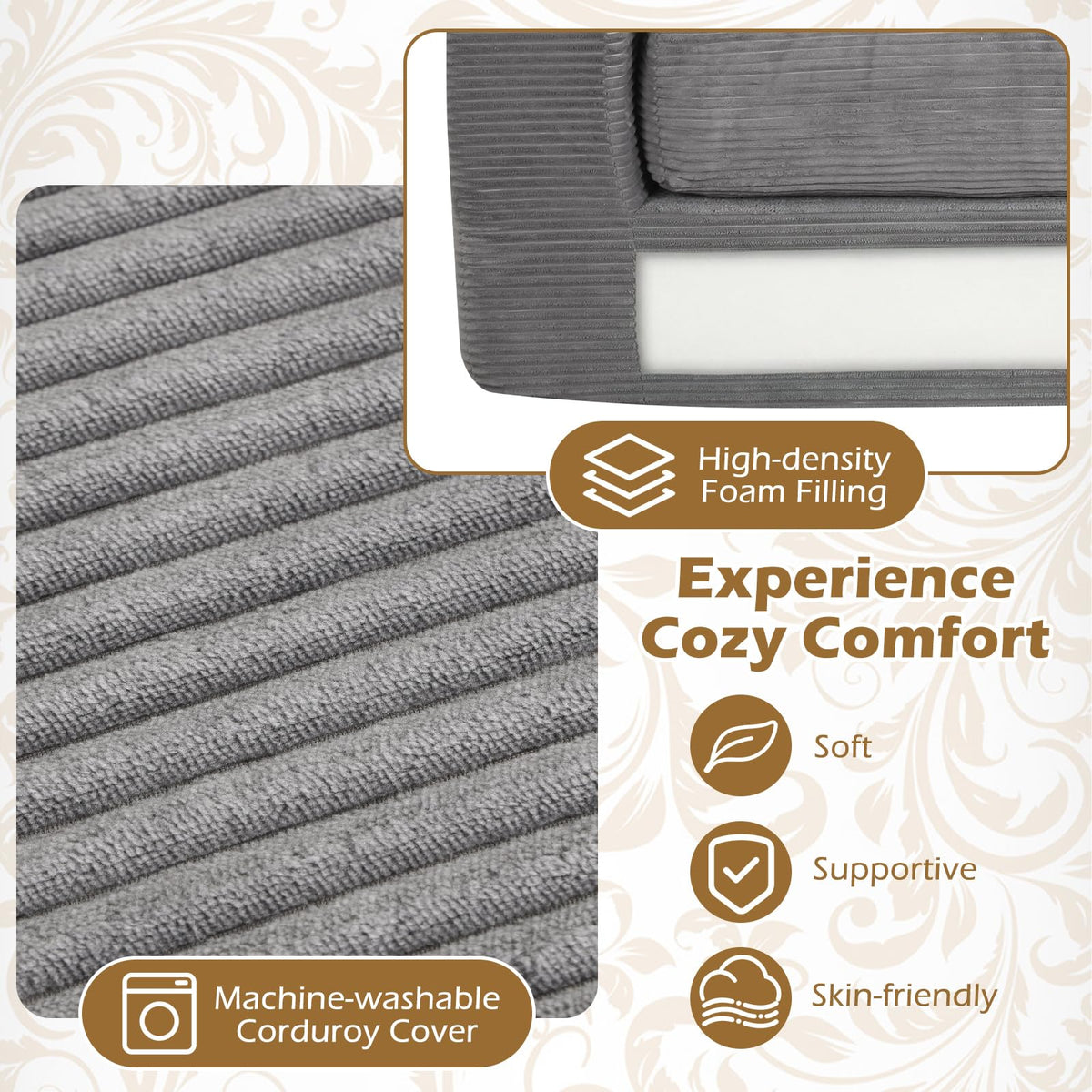 Goflame 2-Seater Floor Couch with Removable Corduroy Cover