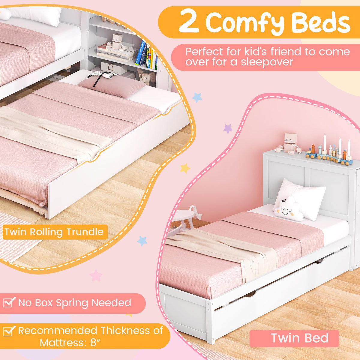 Goflame Full Bed Frame with Twin Trundle, Wooden Bed Wooden Bed Frame with 2 Rolling Bookcases & High Headboard