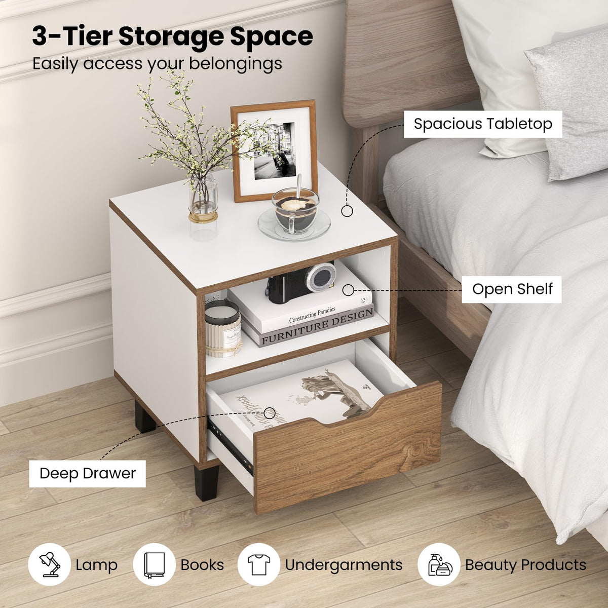 Goflame Mid Century Modern Nightstand with Metal Legs