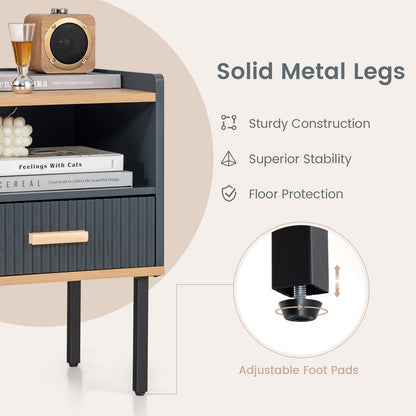 Goflame Modern Nightstand with Drawer - Bedside Table with Open Shelf, Gray
