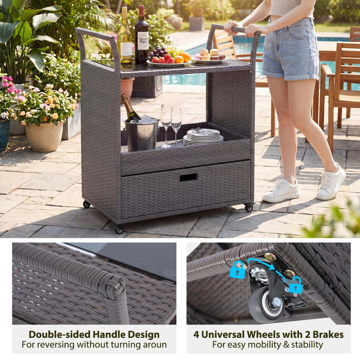 Goflame Rolling Wicker Cart W/Shelves and Big Drawer for Dining Room