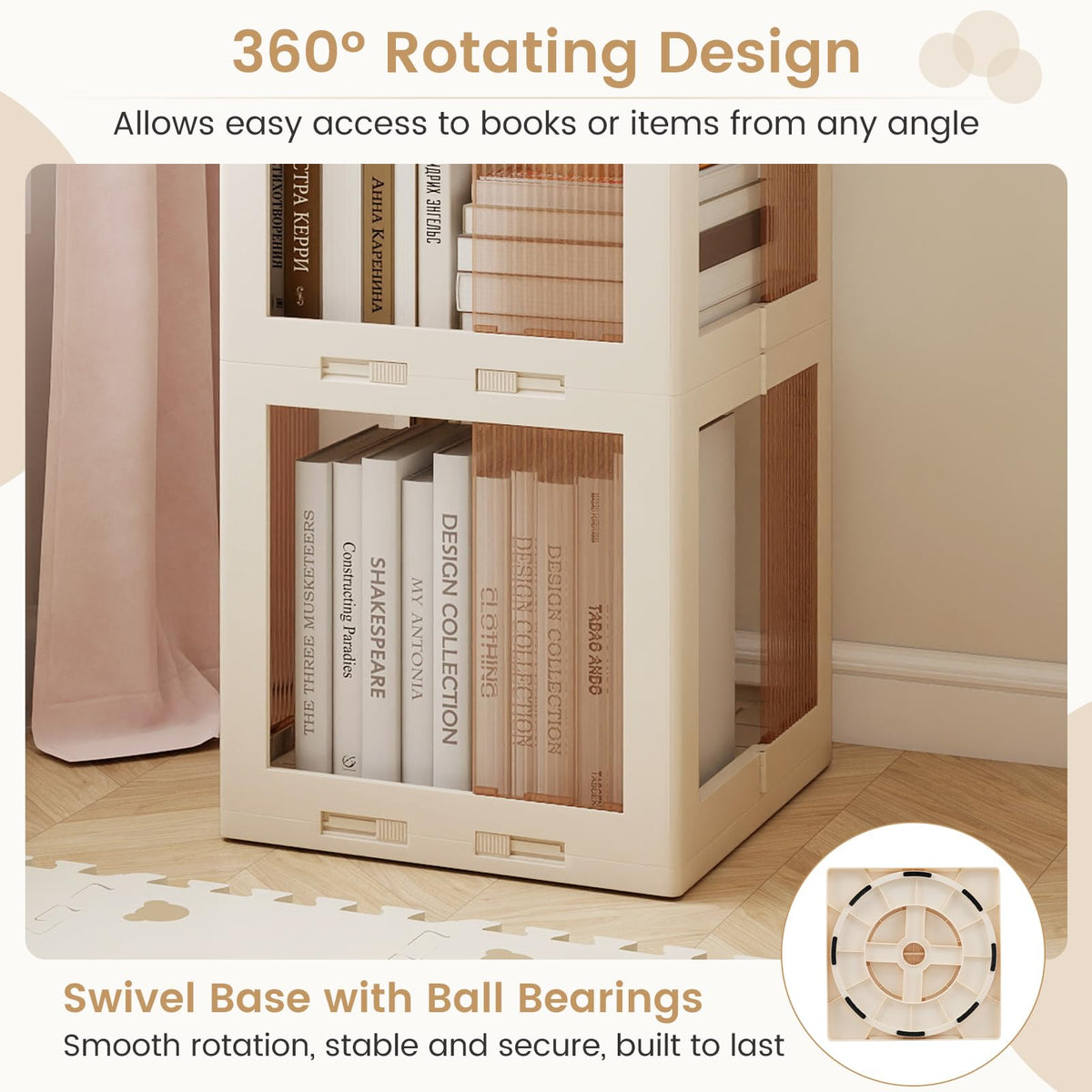 Goflame 4-Tier Spinning Bookcase w/Swivel Base | Translucent Storage Organizer for Living Room