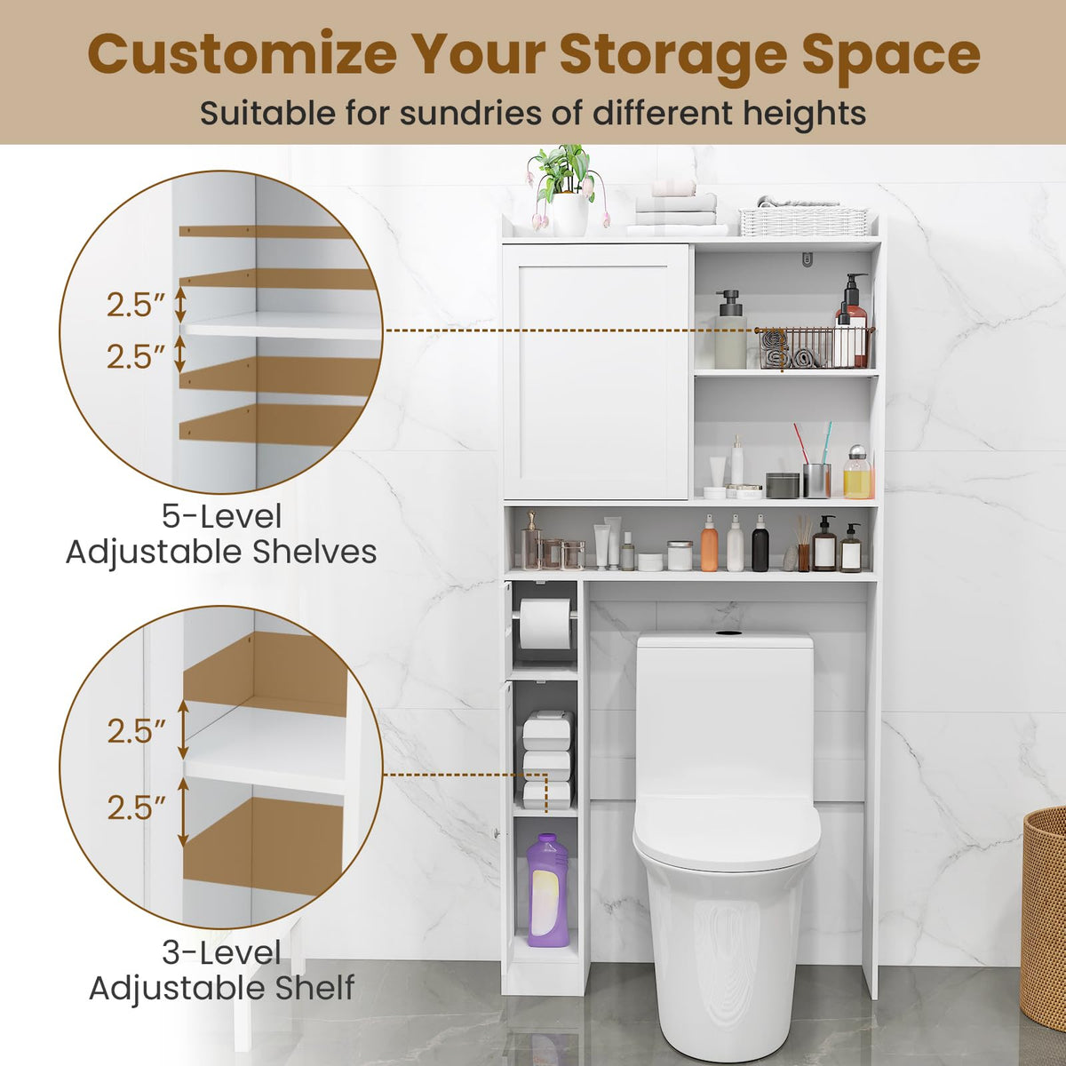Goflame Over The Toilet Storage Cabinet Standing Toilet Rack with Sliding Door