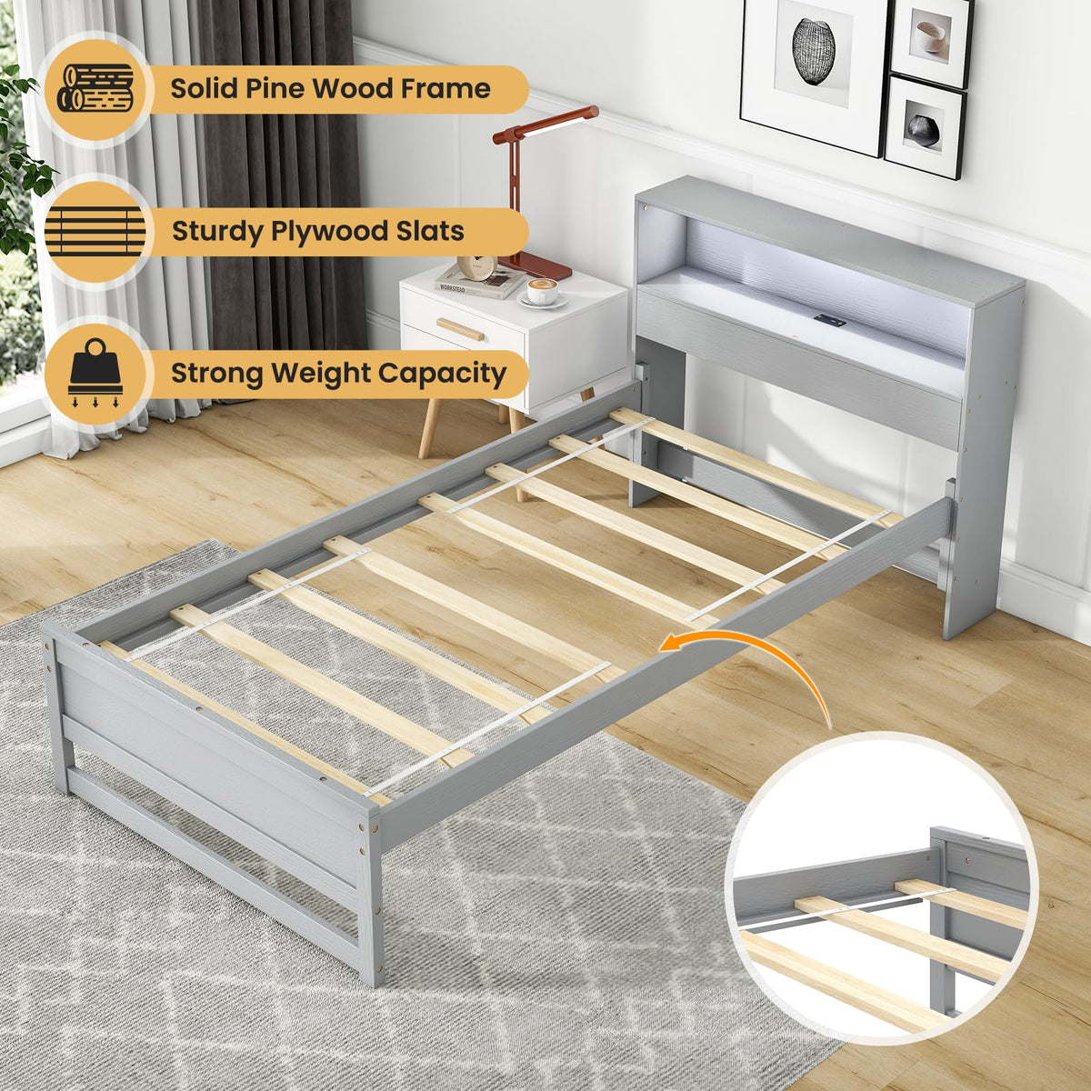Goflame Twin Bed Frames with Storage Headboard, Wood Platform Bed with Charging Station & LED Light